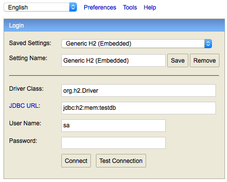 h2 database console logon screen