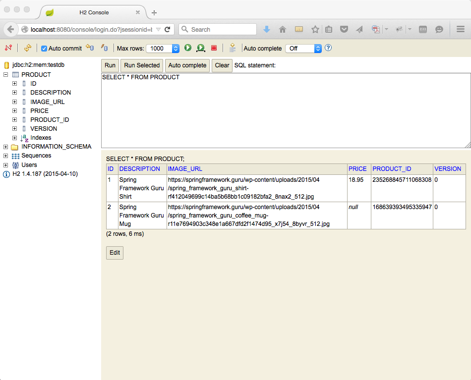 h2 database console showing data saved by Spring Data JPA