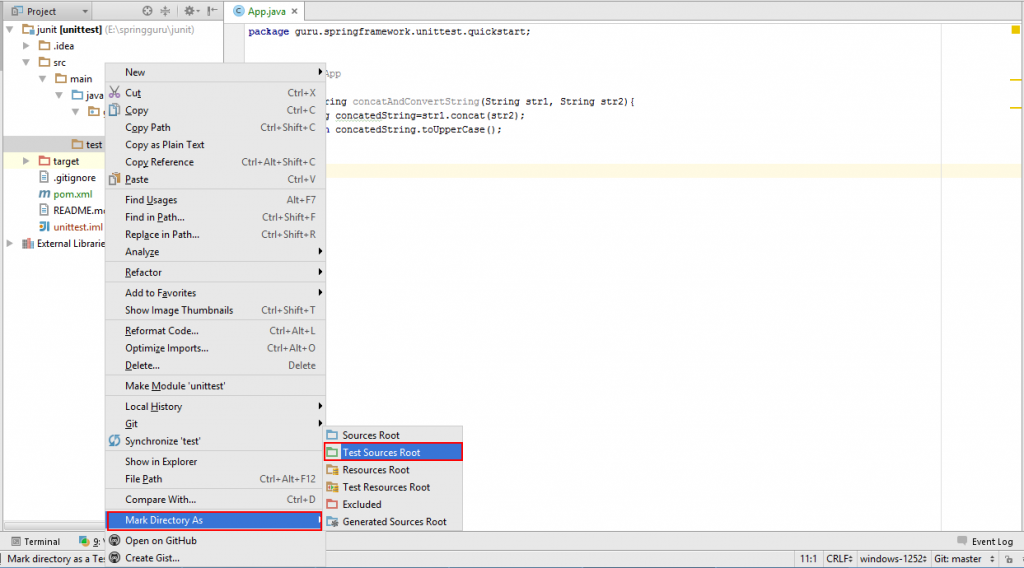 select Mark Directory As, and then Test Sources Root.